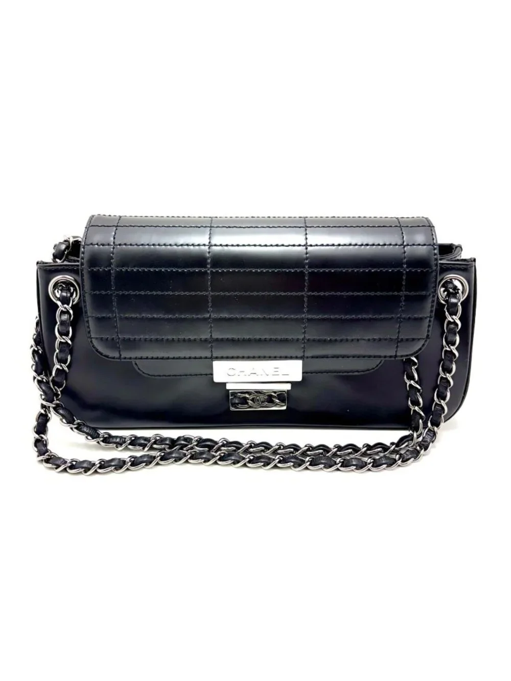 Chanel Choco Bar Chain Shoulder Black Silver Calfskin Bag
